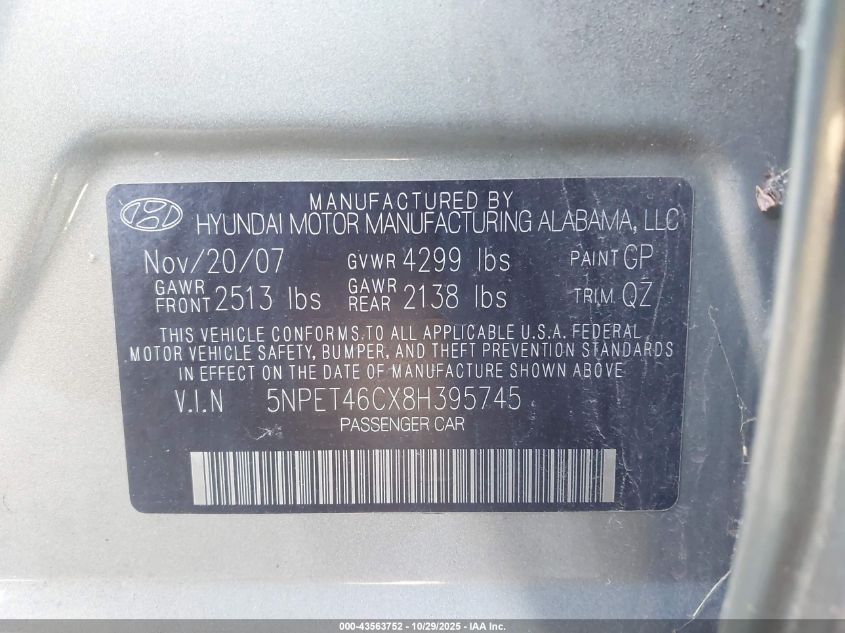 2008 Hyundai Sonata Gls VIN: 5NPET46CX8H395745 Lot: 43563752