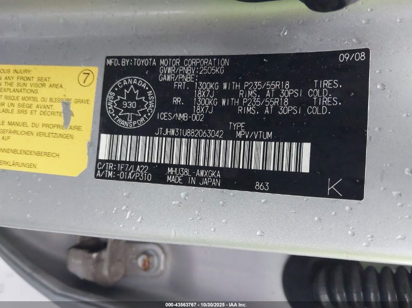 2008 Lexus Rx 400H VIN: JTJHW31U882063042 Lot: 43563767