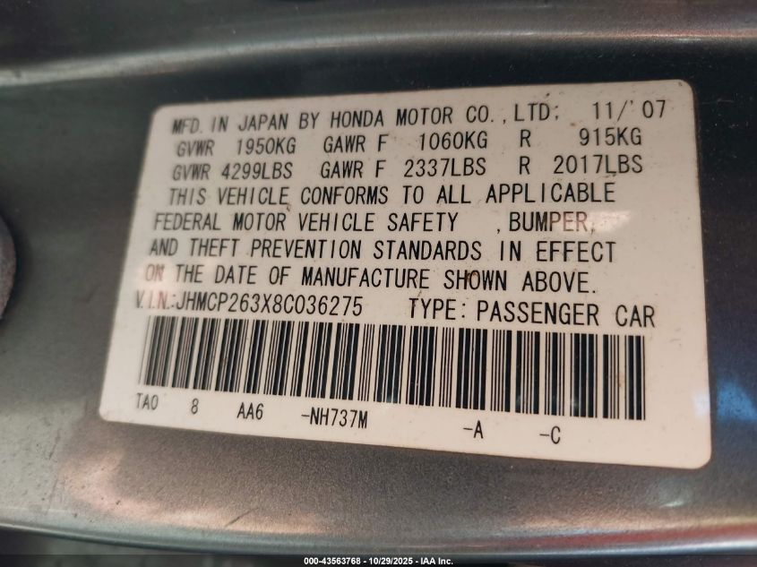 2008 Honda Accord 2.4 Lx VIN: JHMCP263X8C036275 Lot: 43563768
