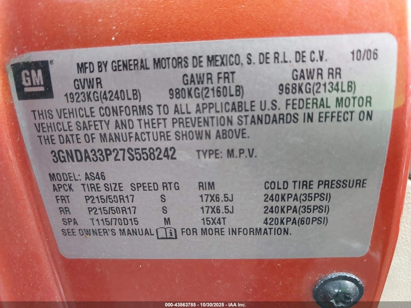 2007 Chevrolet Hhr Lt VIN: 3GNDA33P27S558242 Lot: 43563785