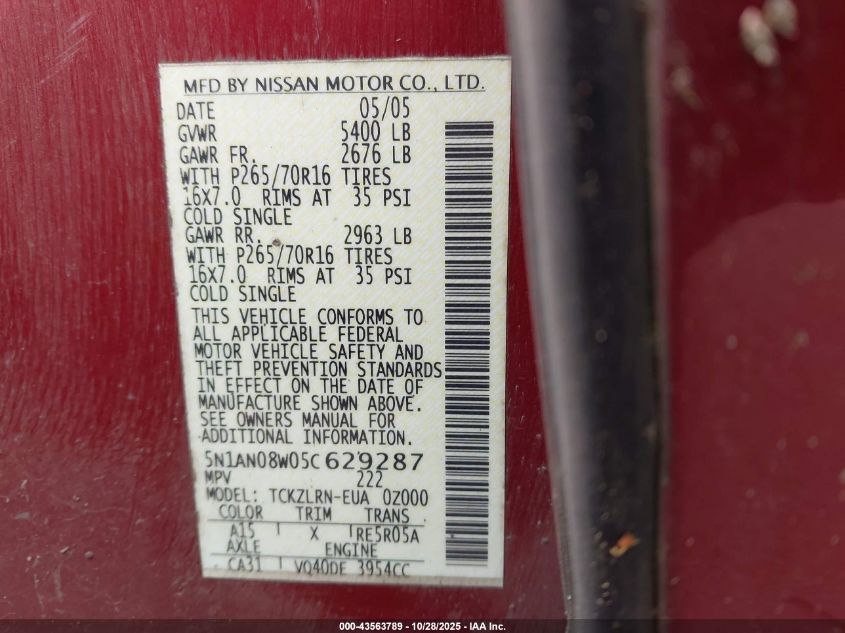 2005 Nissan Xterra S VIN: 5N1AN08W05C629287 Lot: 43563789