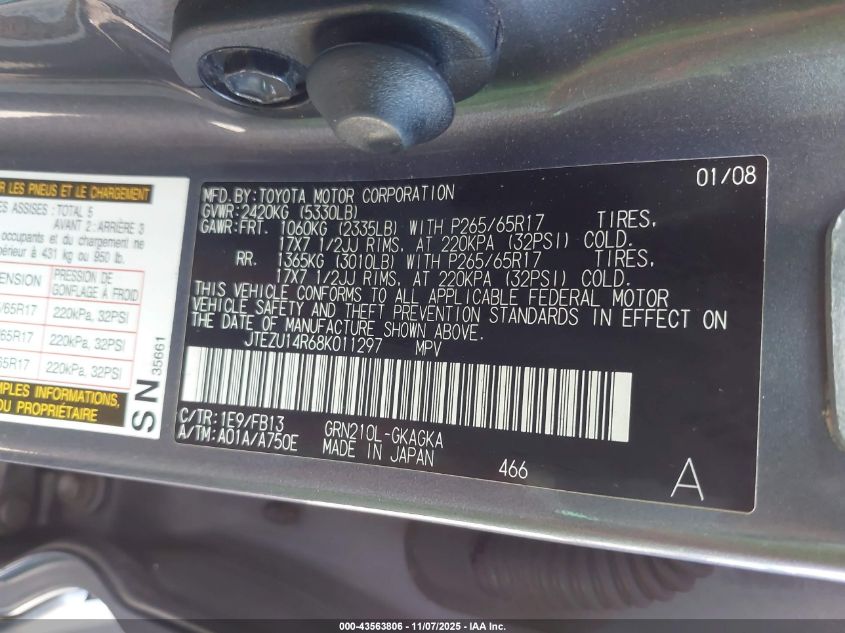 2008 Toyota 4Runner Sport V6/Sr5 V6 VIN: JTEZU14R68K011297 Lot: 43563806