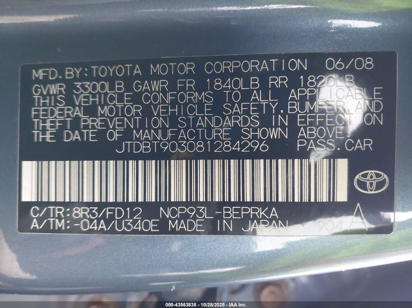 2008 Toyota Yaris VIN: JTDBT903081284296 Lot: 43563838