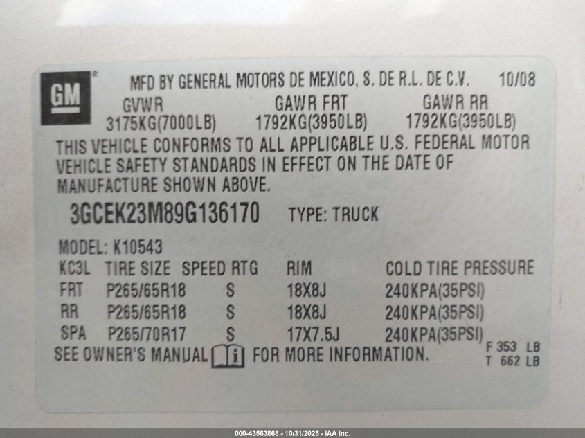 2009 Chevrolet Silverado 1500 Lt VIN: 3GCEK23M89G136170 Lot: 43563868