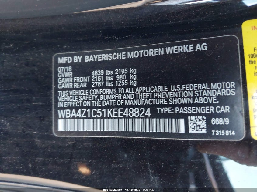 2019 BMW 430I VIN: WBA4Z1C51KEE48824 Lot: 43563891