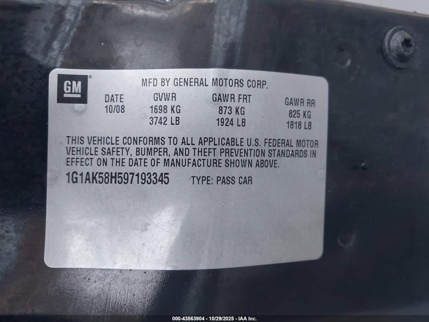 2009 Chevrolet Cobalt Ls VIN: 1G1AK58H597193345 Lot: 43563904
