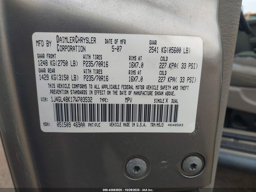 1J4GL48K17W703532 2007 JEEP LIBERTY (NORTH AMERICA) photo no. 9
