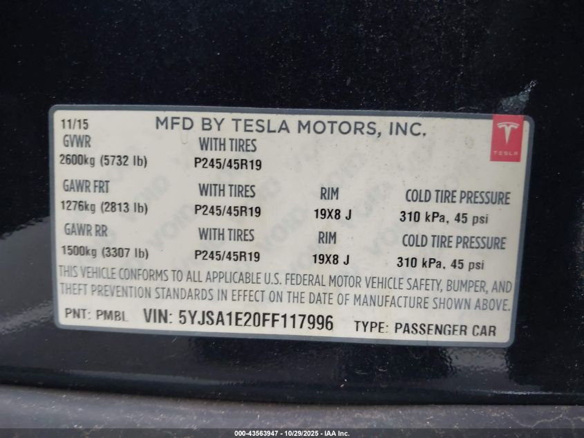 2015 Tesla Model S 70D/85D/P85D VIN: 5YJSA1E20FF117996 Lot: 43563947