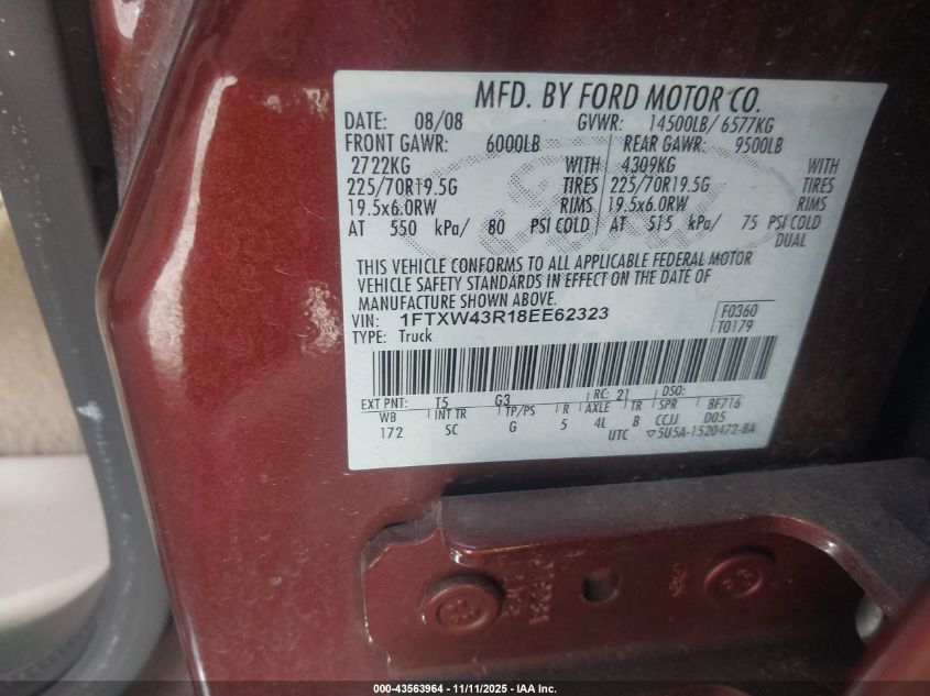 2008 Ford F-450 King Ranch/Lariat/Xl/Xlt VIN: 1FTXW43R18EE62323 Lot: 43563964