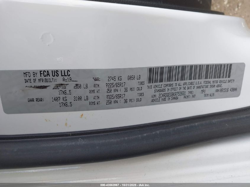 2019 Dodge Grand Caravan Gt VIN: 2C4RDGEG8KR752631 Lot: 43563967