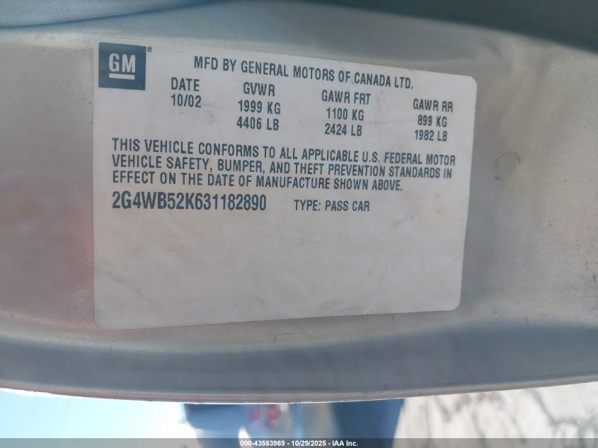 2003 Buick Regal Ls VIN: 2G4WB52K631182890 Lot: 43563969