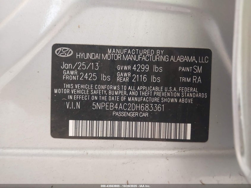 2013 HYUNDAI SONATA GLS 5NPEB4AC2DH683361