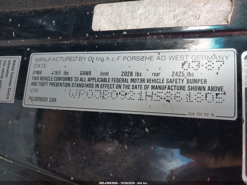 1987 Porsche 928 S VIN: WP0JB0921HS861805 Lot: 43563988