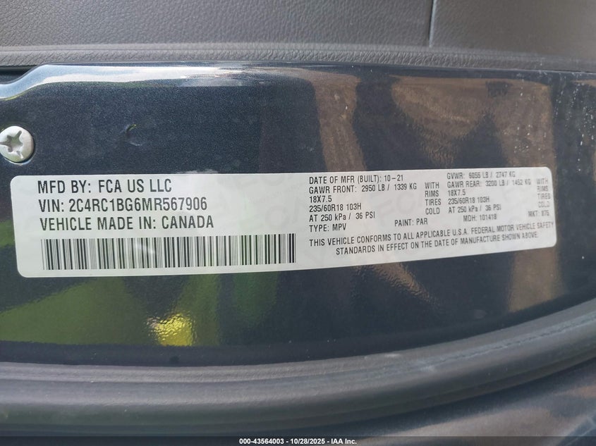 2021 Chrysler Pacifica Touring L VIN: 2C4RC1BG6MR567906 Lot: 43564003