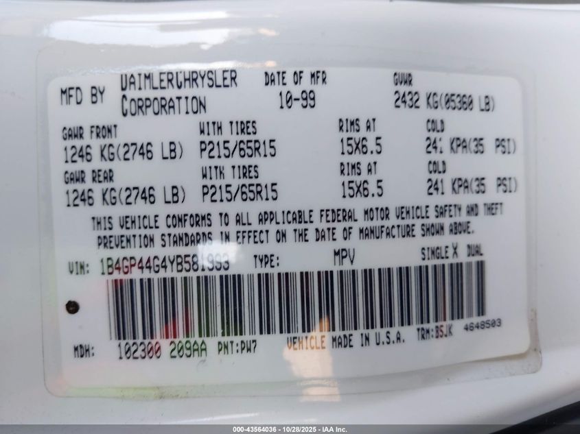 2000 Dodge Grand Caravan Se VIN: 1B4GP44G4YB581993 Lot: 43564036