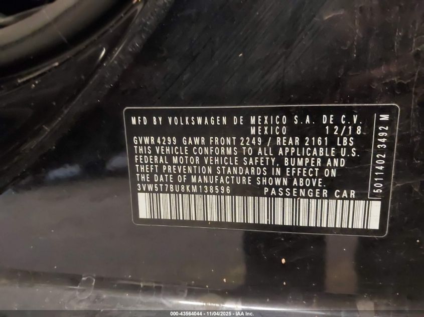 2019 Volkswagen Jetta Gli 2.0T 35Th Anniversary Edition/2.0T Autobahn/2.0T S VIN: 3VW5T7BU8KM138596 Lot: 43564044