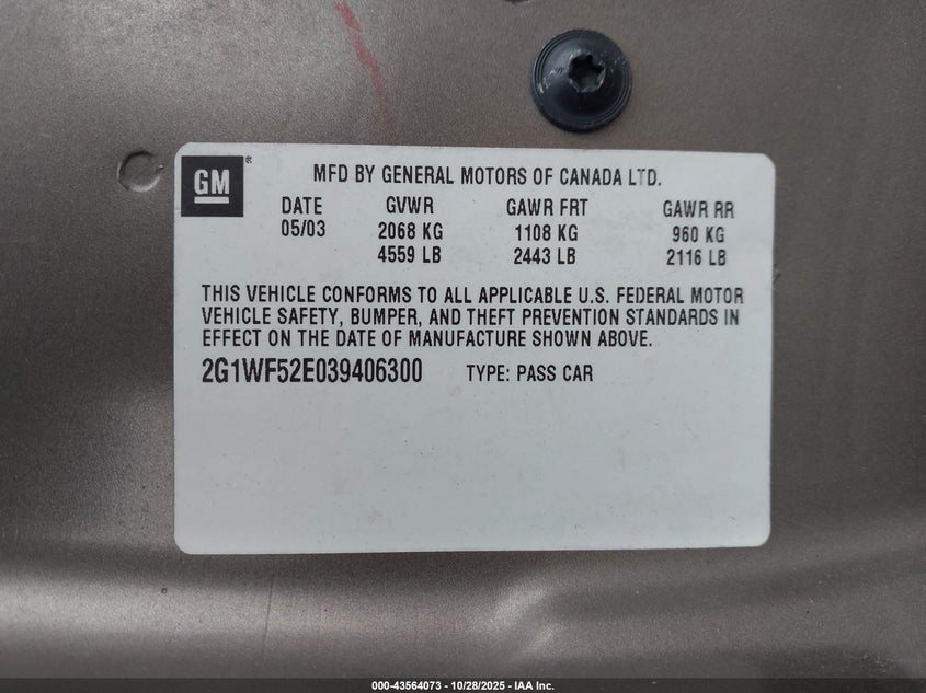 2003 Chevrolet Impala VIN: 2G1WF52E039406300 Lot: 43564073