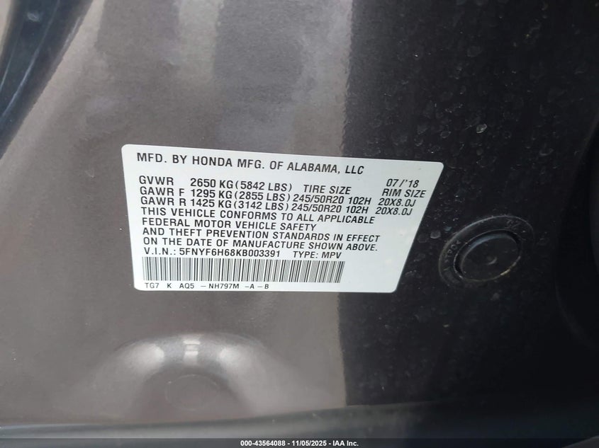 2019 Honda Pilot Touring VIN: 5FNYF6H68KB003391 Lot: 43564088