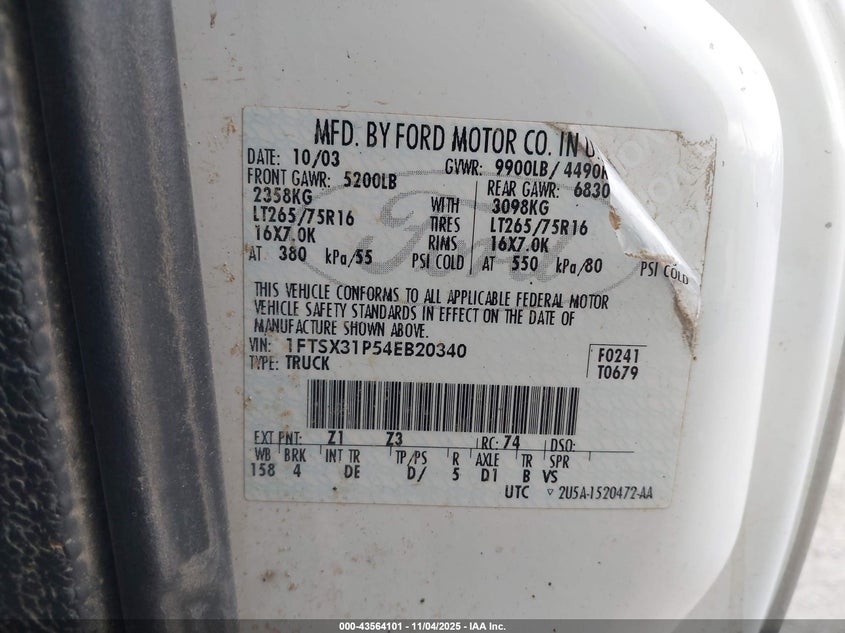 2004 Ford F-350 Lariat/Xl/Xlt VIN: 1FTSX31P54EB20340 Lot: 43564101