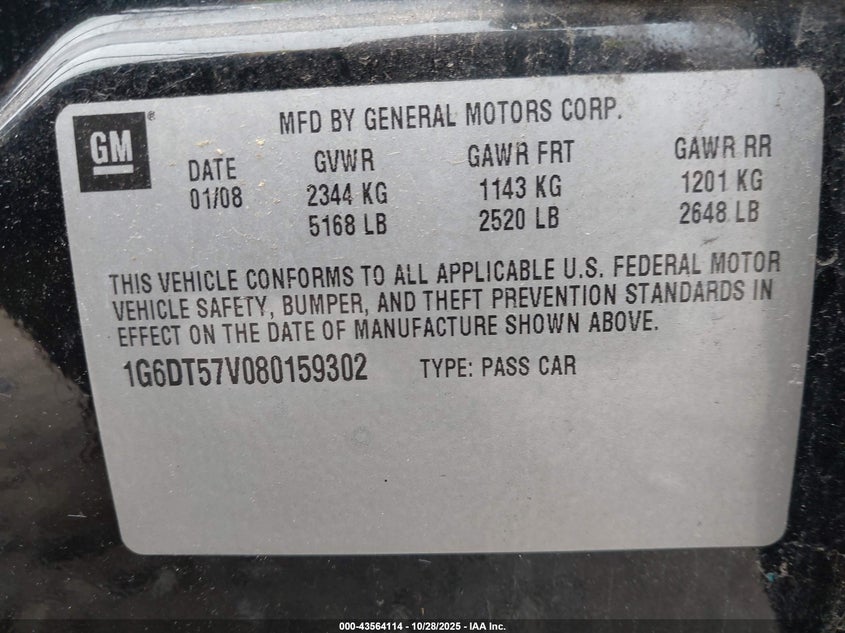 2008 Cadillac Cts Standard VIN: 1G6DT57V080159302 Lot: 43564114