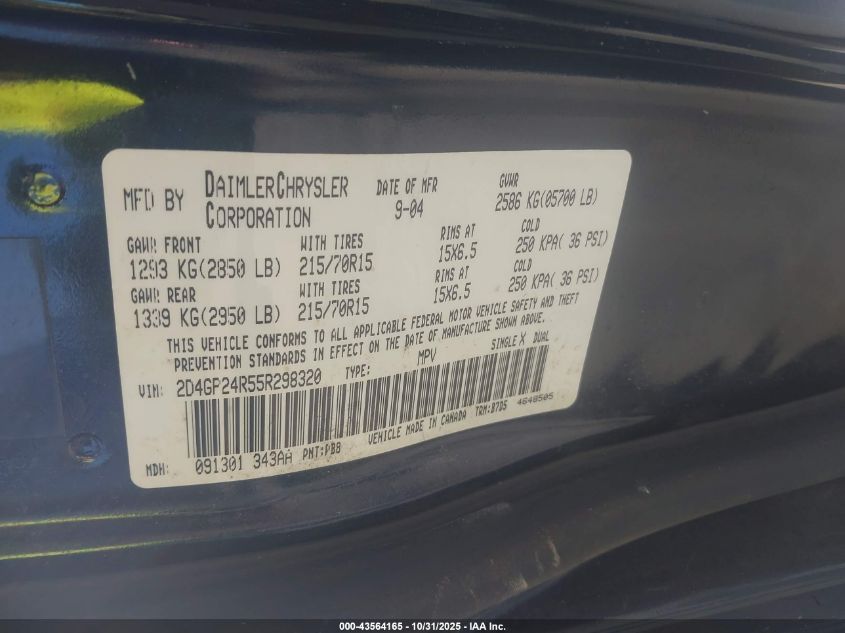 2005 Dodge Grand Caravan Se VIN: 2D4GP24R55R298320 Lot: 43564165