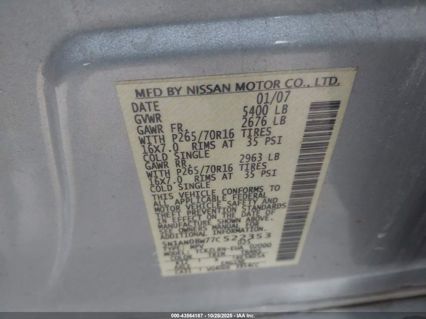 2007 Nissan Xterra S VIN: 5N1AN08W77C522353 Lot: 43564187