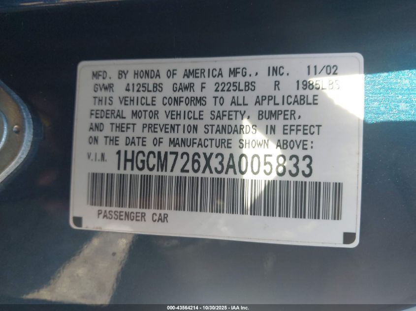 2003 Honda Accord 2.4 Ex VIN: 1HGCM726X3A005833 Lot: 43564214