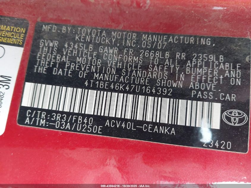 2007 Toyota Camry Le VIN: 4T1BE46K47U164392 Lot: 43564216