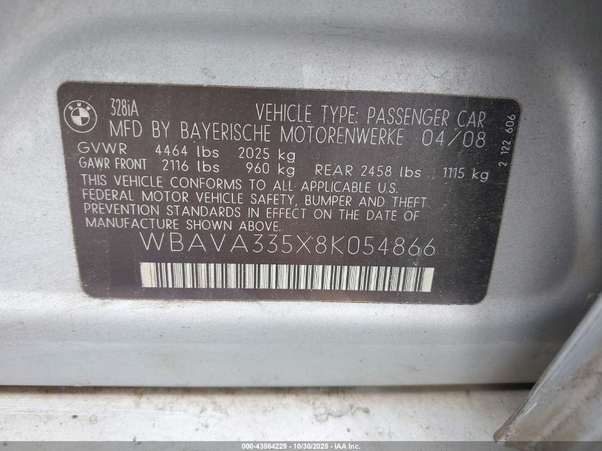 2008 BMW 328I VIN: WBAVA335X8K054866 Lot: 43564229