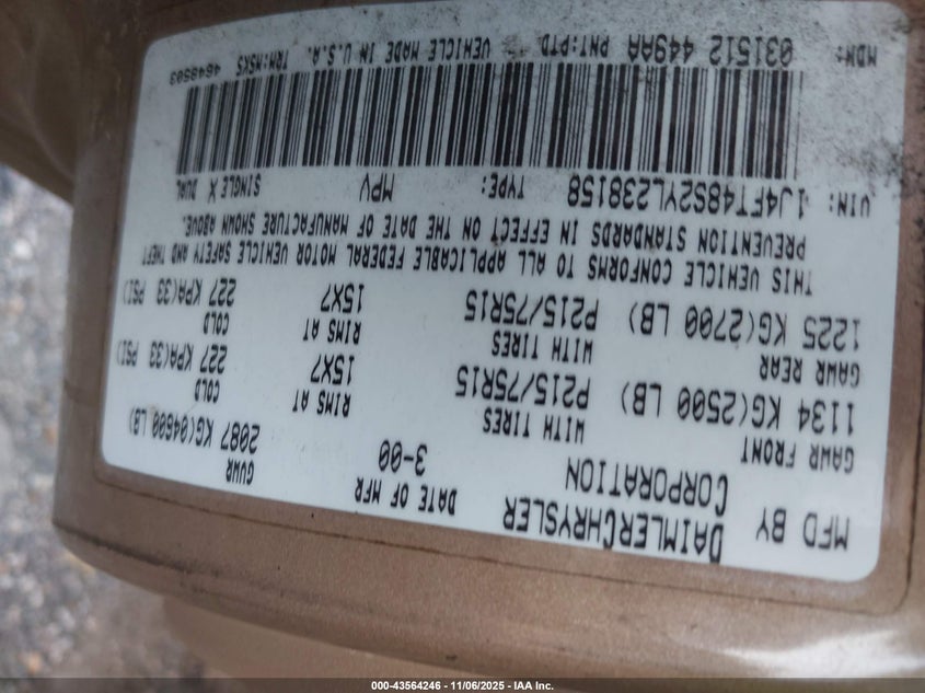 2000 Jeep Cherokee Sport VIN: 1J4FT48S2YL238158 Lot: 43564246