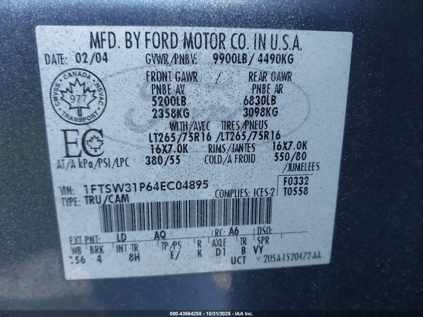2004 Ford F-350 Lariat/Xl/Xlt VIN: 1FTSW31P64EC04895 Lot: 43564255