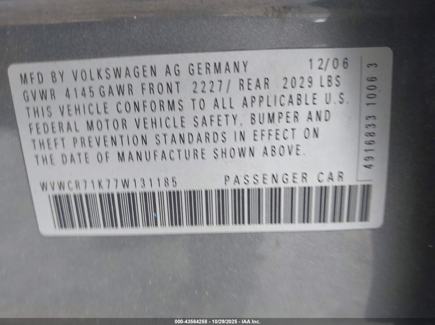 2007 Volkswagen Rabbit 4-Door VIN: WVWCR71K77W131185 Lot: 43564258