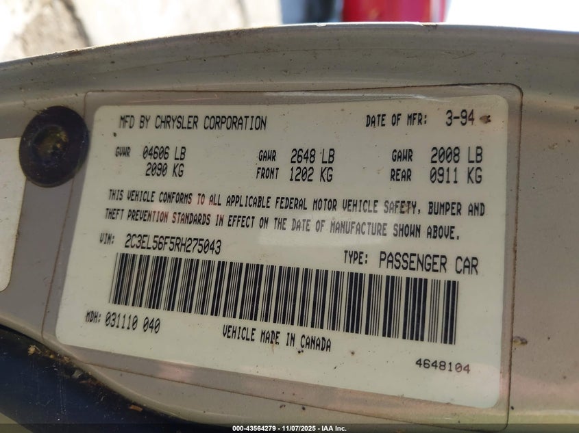 1994 Chrysler Concorde VIN: 2C3EL56F5RH275043 Lot: 43564279