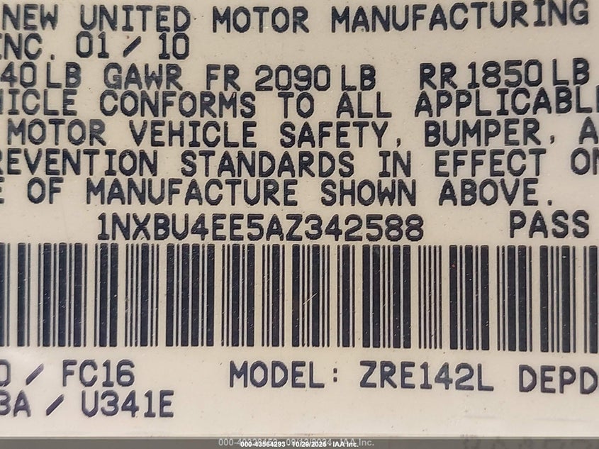 2010 Toyota Corolla S/Le/Xle VIN: 1NXBU4EE5AZ342588 Lot: 43564293