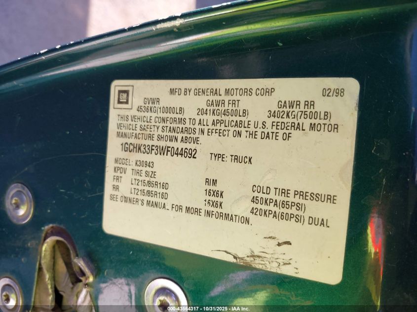 1998 Chevrolet K3500 VIN: 1GCHK33F3WF044692 Lot: 43564317
