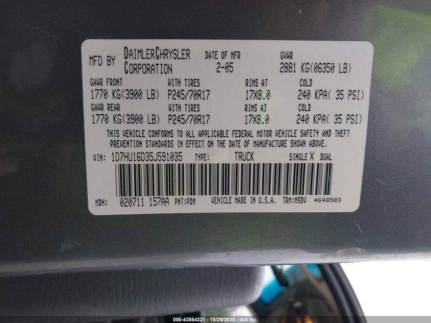 2005 Dodge Ram 1500 Slt/Laramie VIN: 1D7HU16D35J591035 Lot: 43564321