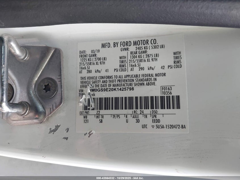 2019 Ford Transit Connect Xl VIN: NM0GS9E20K1425798 Lot: 43564332