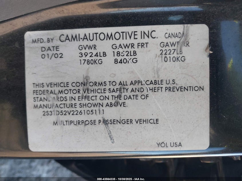 2002 Suzuki Vitara Jlx VIN: 2S3TD52V226105111 Lot: 43564335