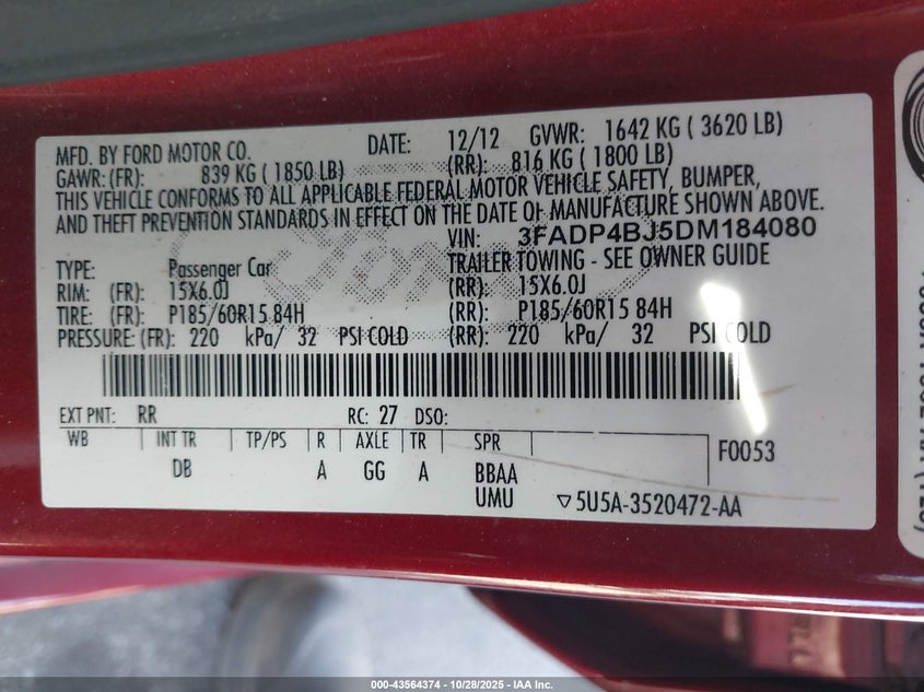 2013 FORD FIESTA SE 3FADP4BJ5DM184080