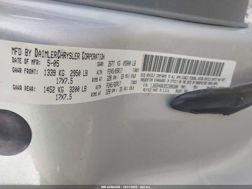 2005 Jeep Grand Cherokee Laredo VIN: 1J8GR48K85C688300 Lot: 43564386