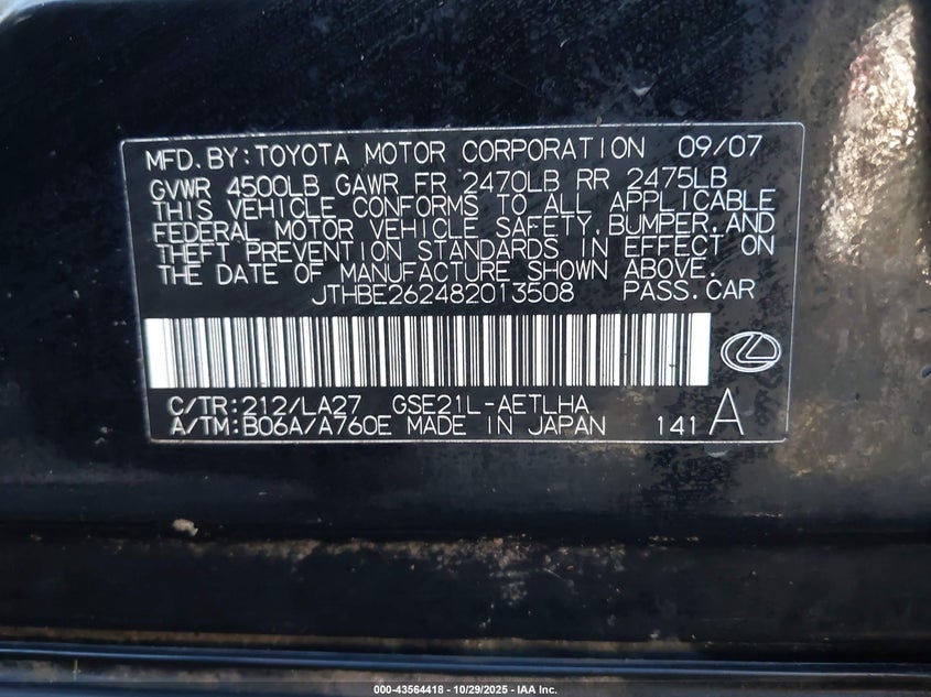 2008 Lexus Is 350 VIN: JTHBE262482013508 Lot: 43564418