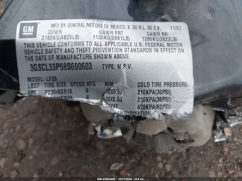 2008 Saturn Vue 4-Cyl Xe VIN: 3GSCL33P58S600603 Lot: 43564450