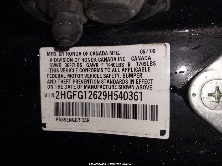 2HGFG12629H540361 2009 HONDA CIVIC photo no. 9