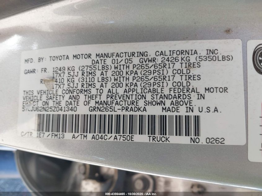 2005 Toyota Tacoma Prerunner V6 VIN: 5TEJU62N25Z041340 Lot: 43564465