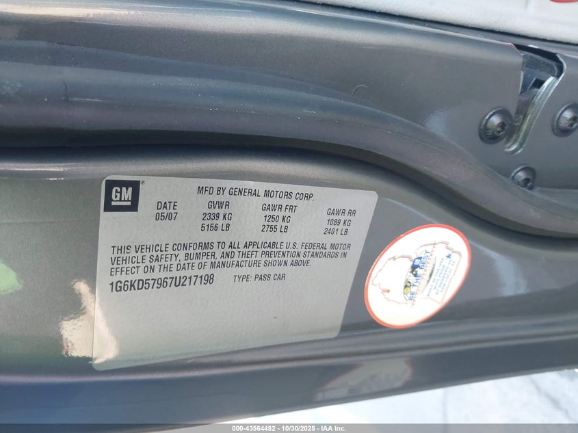 2007 Cadillac Dts Performance VIN: 1G6KD57967U217198 Lot: 43564482