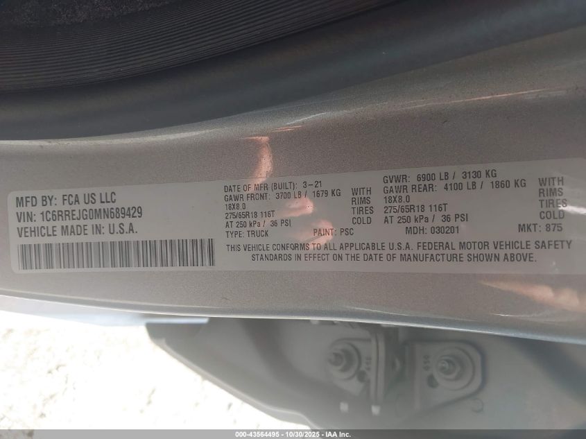 2021 Ram 1500 Laramie 4X2 5'7 Box VIN: 1C6RREJG0MN689429 Lot: 43564495