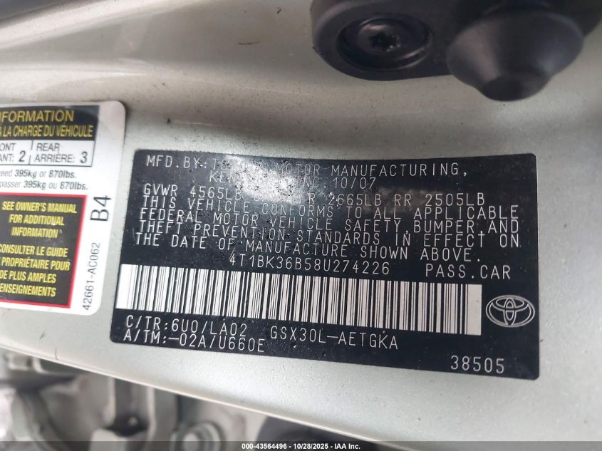 2008 Toyota Avalon Xls VIN: 4T1BK36B58U274226 Lot: 43564496