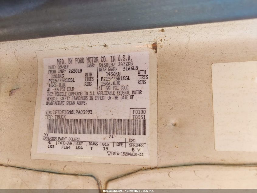 1990 Ford F150 VIN: 1FTDF15N8LPA03993 Lot: 43564524