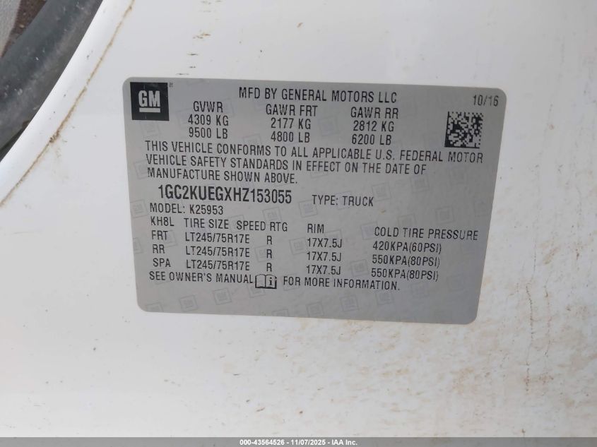 2017 Chevrolet Silverado 2500Hd Wt VIN: 1GC2KUEGXHZ153055 Lot: 43564526