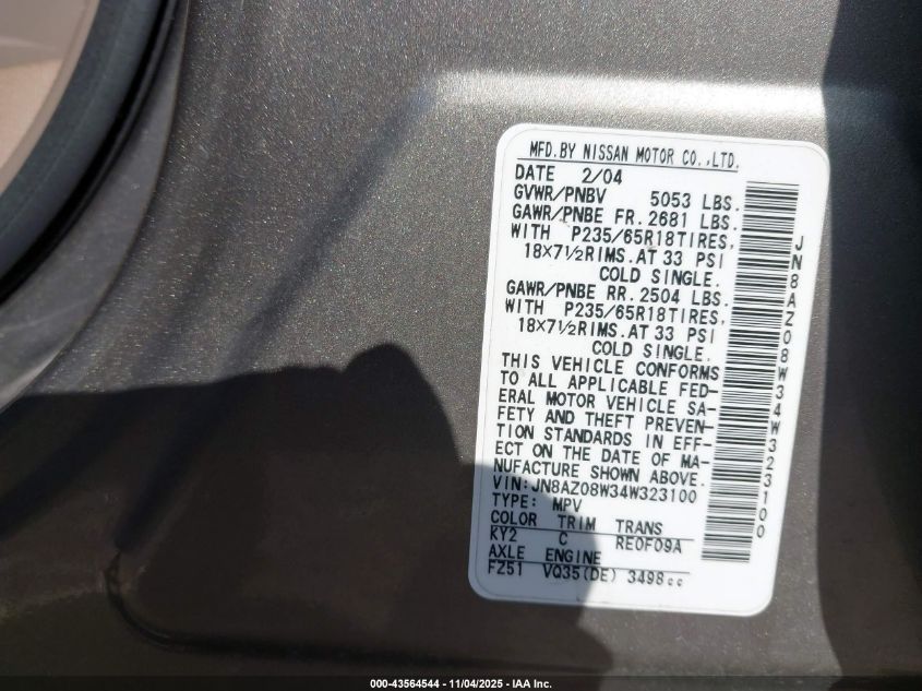 2004 Nissan Murano Sl VIN: JN8AZ08W34W323100 Lot: 43564544